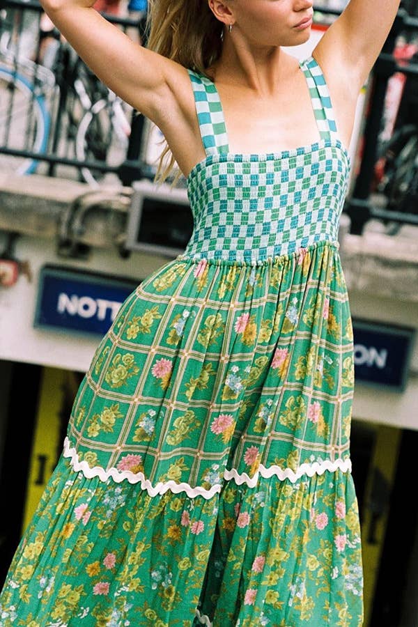 Green checkered Unique Floral Boho ric rac tiered dress