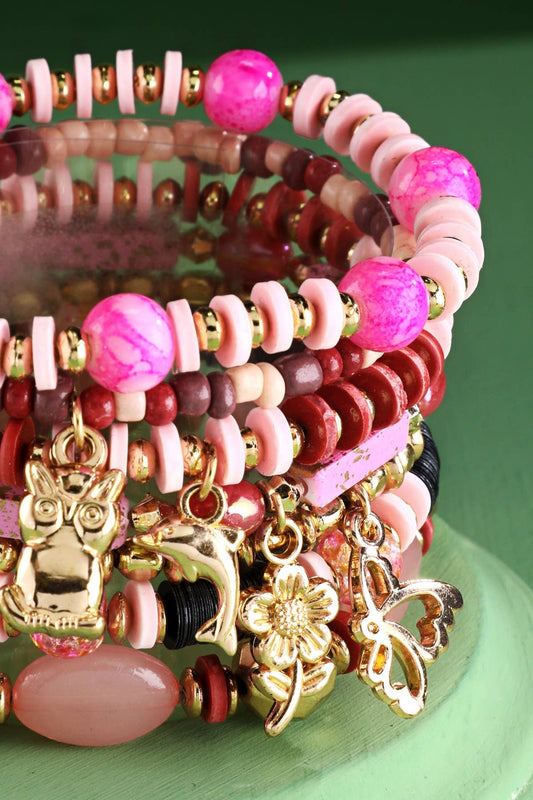 7 Layered Bead Stretch Bracelet With Metal Accents