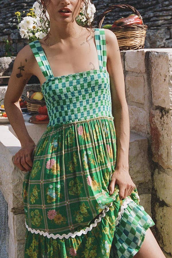 Green checkered Unique Floral Boho ric rac tiered dress