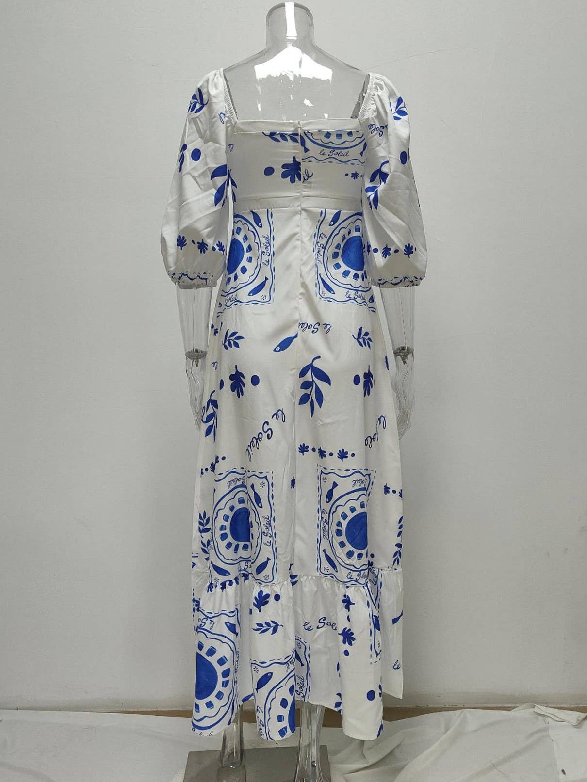 Unique Print Square Neck Bubble Sleeve Dress