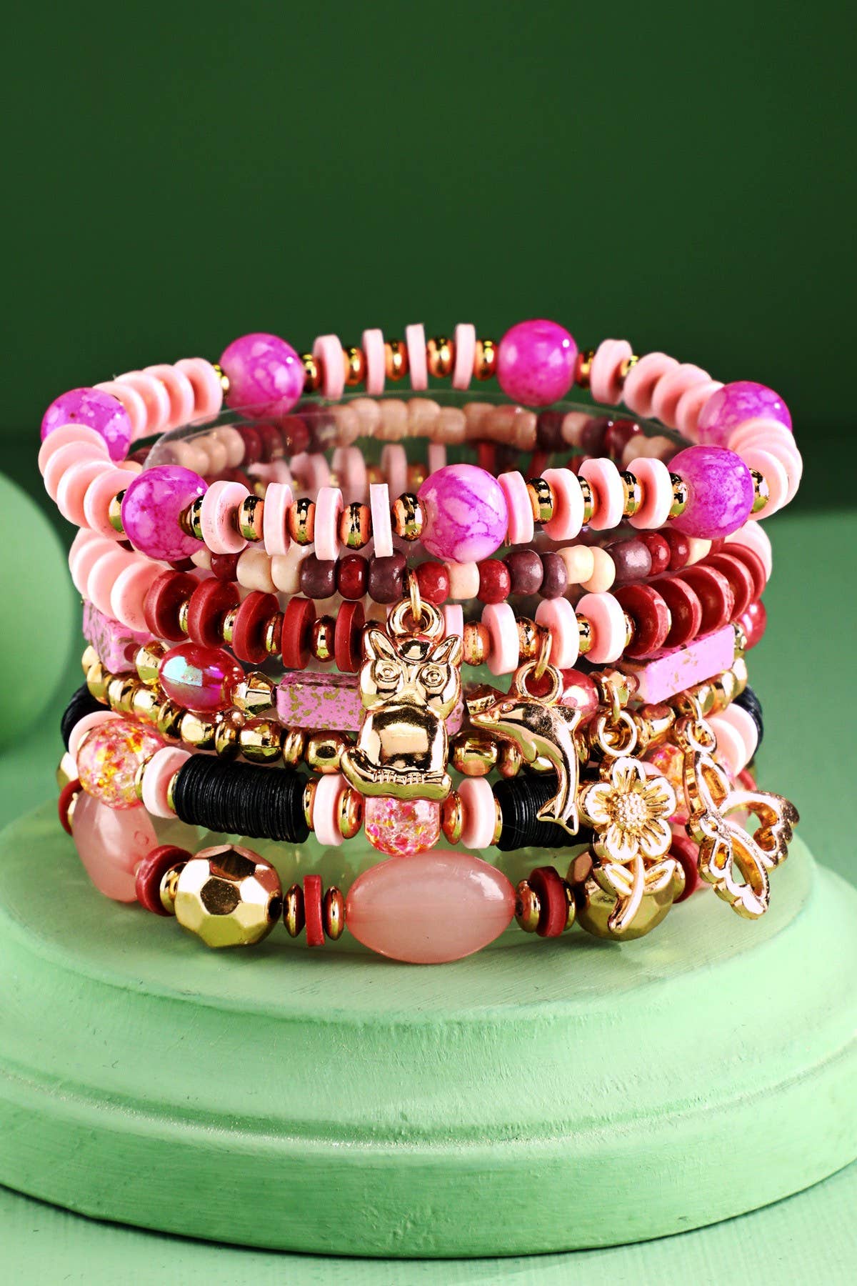 7 Layered Bead Stretch Bracelet With Metal Accents