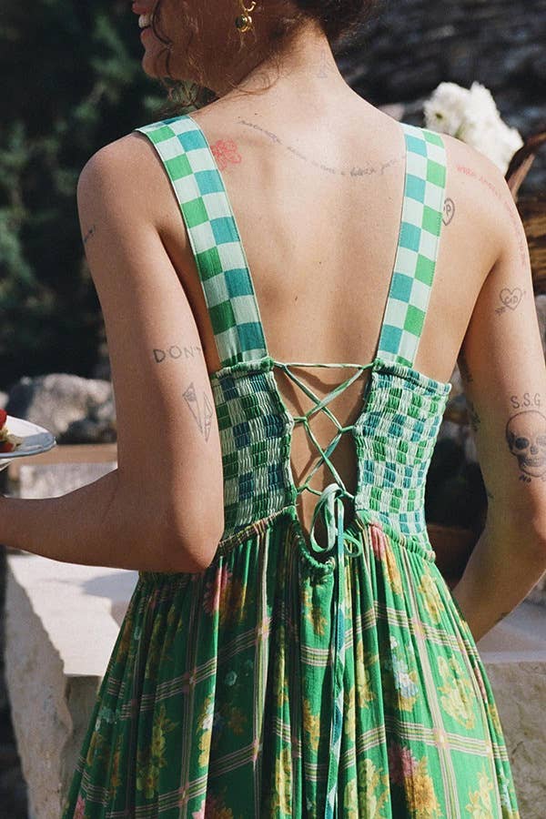 Green checkered Unique Floral Boho ric rac tiered dress