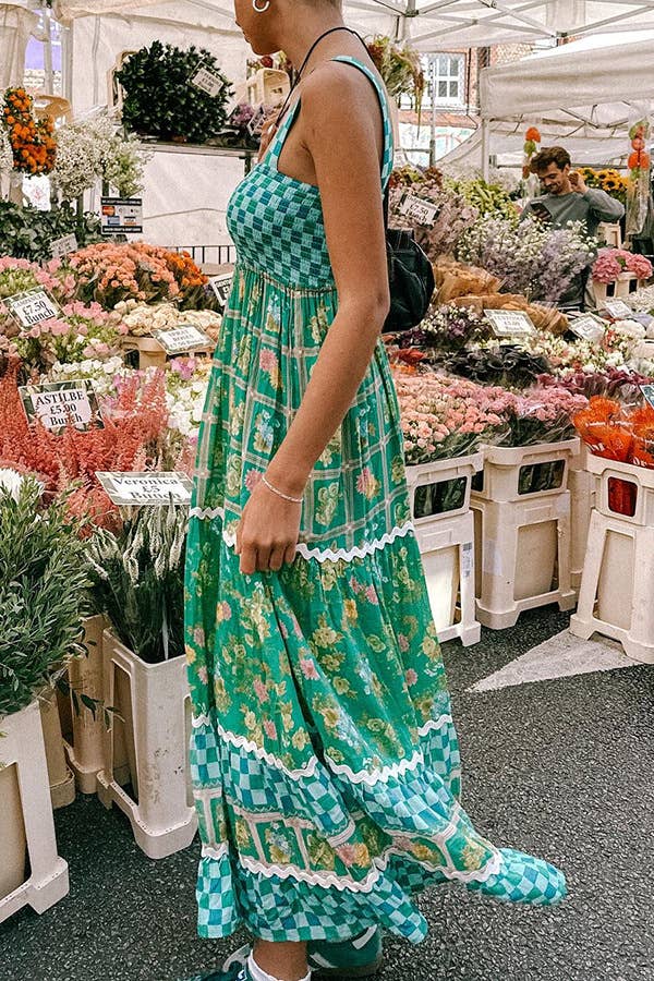 Green checkered Unique Floral Boho ric rac tiered dress