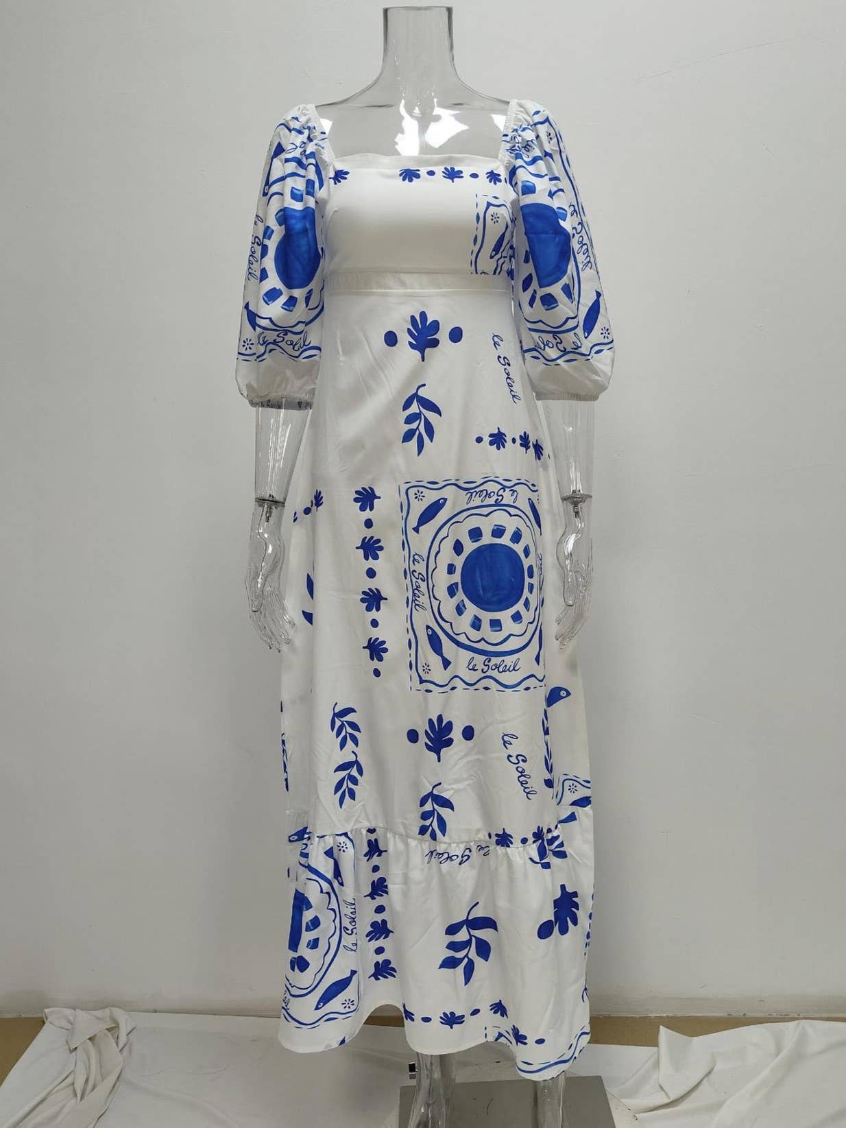 Unique Print Square Neck Bubble Sleeve Dress