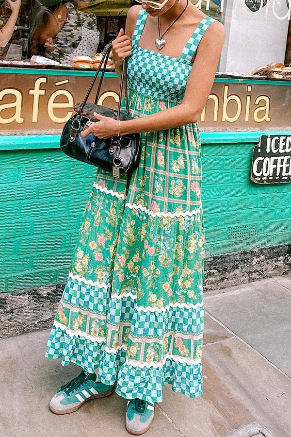 Green checkered Unique Floral Boho ric rac tiered dress