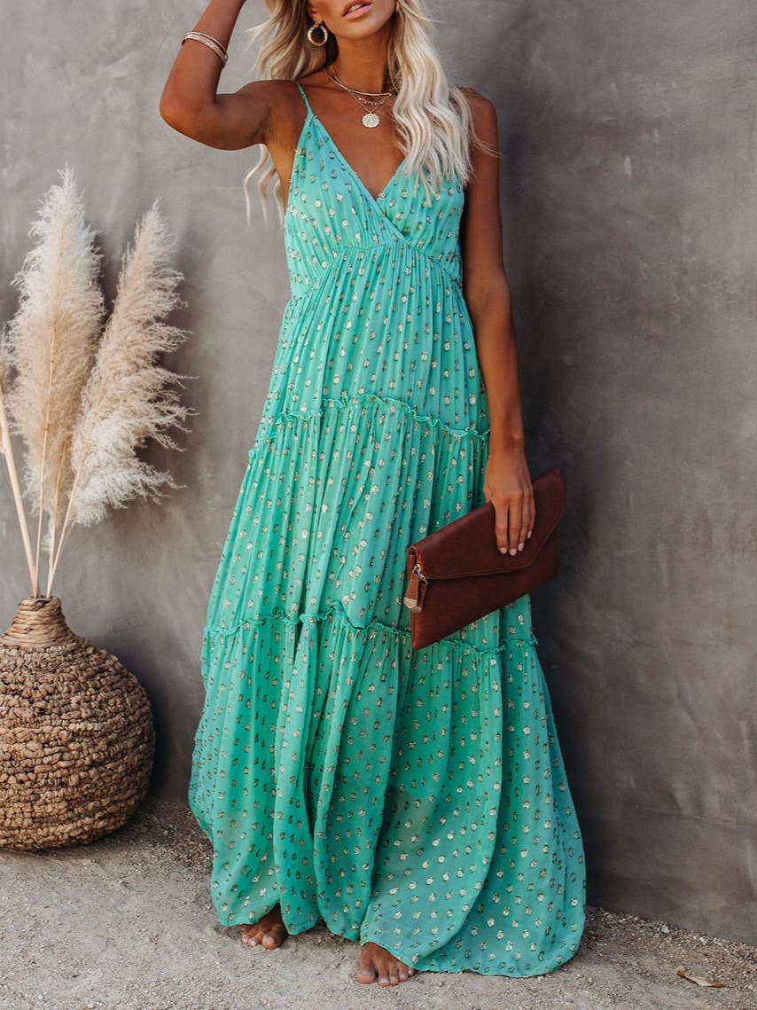 Leopard Print Fresh V-Neck Shredded Pleated Dress