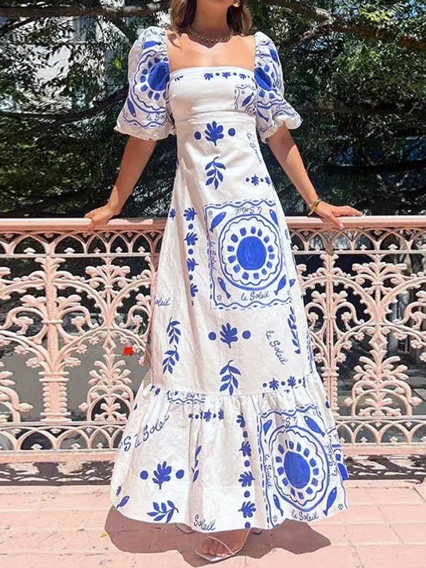 Unique Print Square Neck Bubble Sleeve Dress