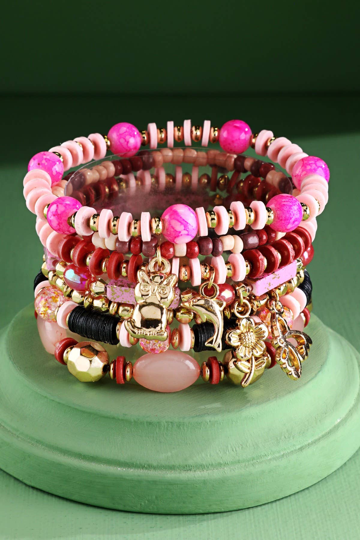7 Layered Bead Stretch Bracelet With Metal Accents