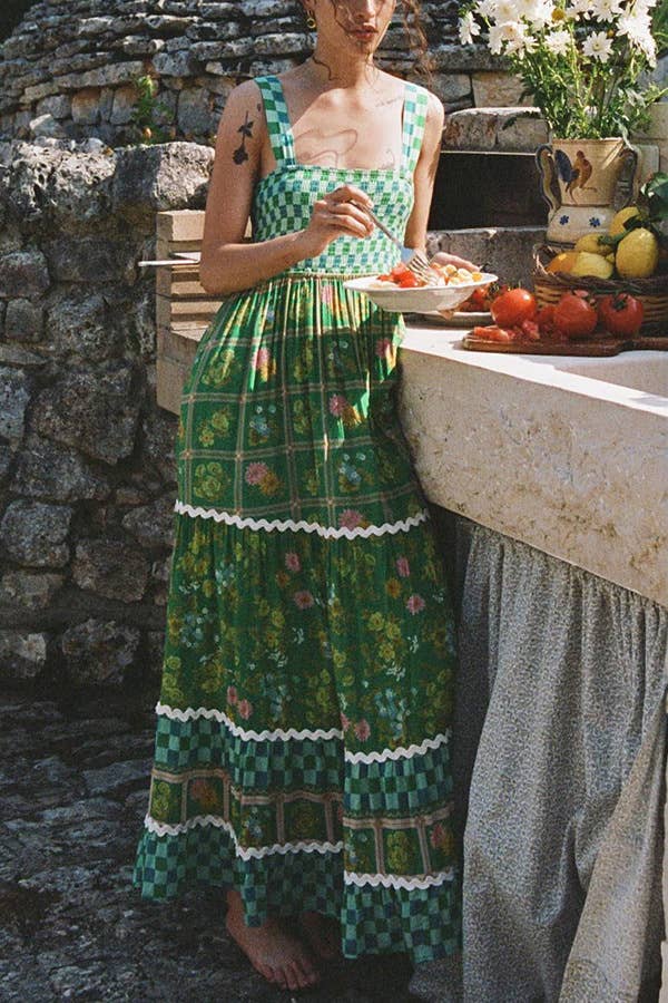 Green checkered Unique Floral Boho ric rac tiered dress