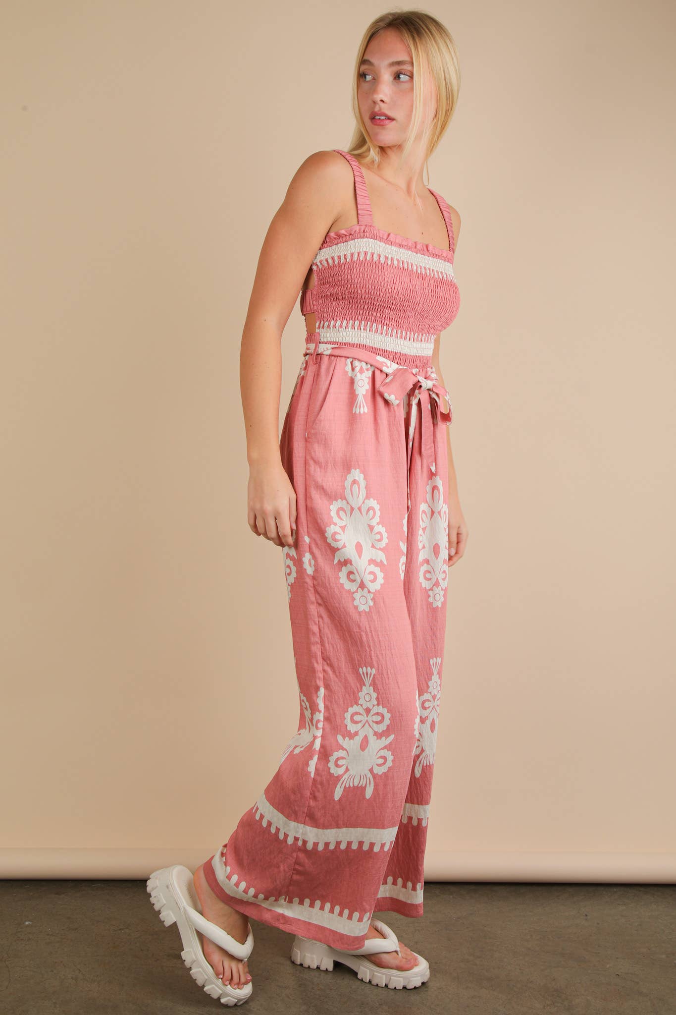 NP70762-Boho Printed Smocking Detail Jumpsuit