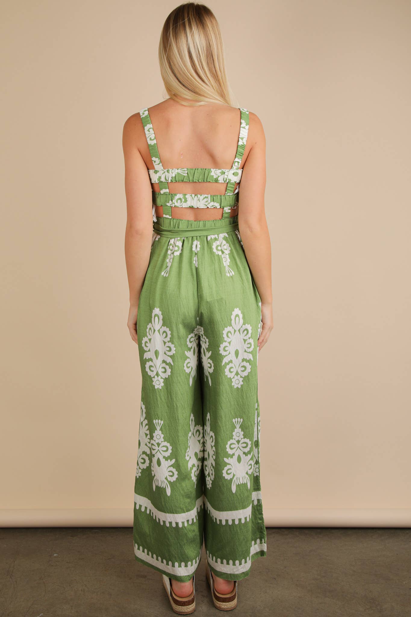 NP70762-Boho Printed Smocking Detail Jumpsuit