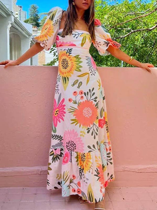 Unique Print Square Neck Bubble Sleeve Dress