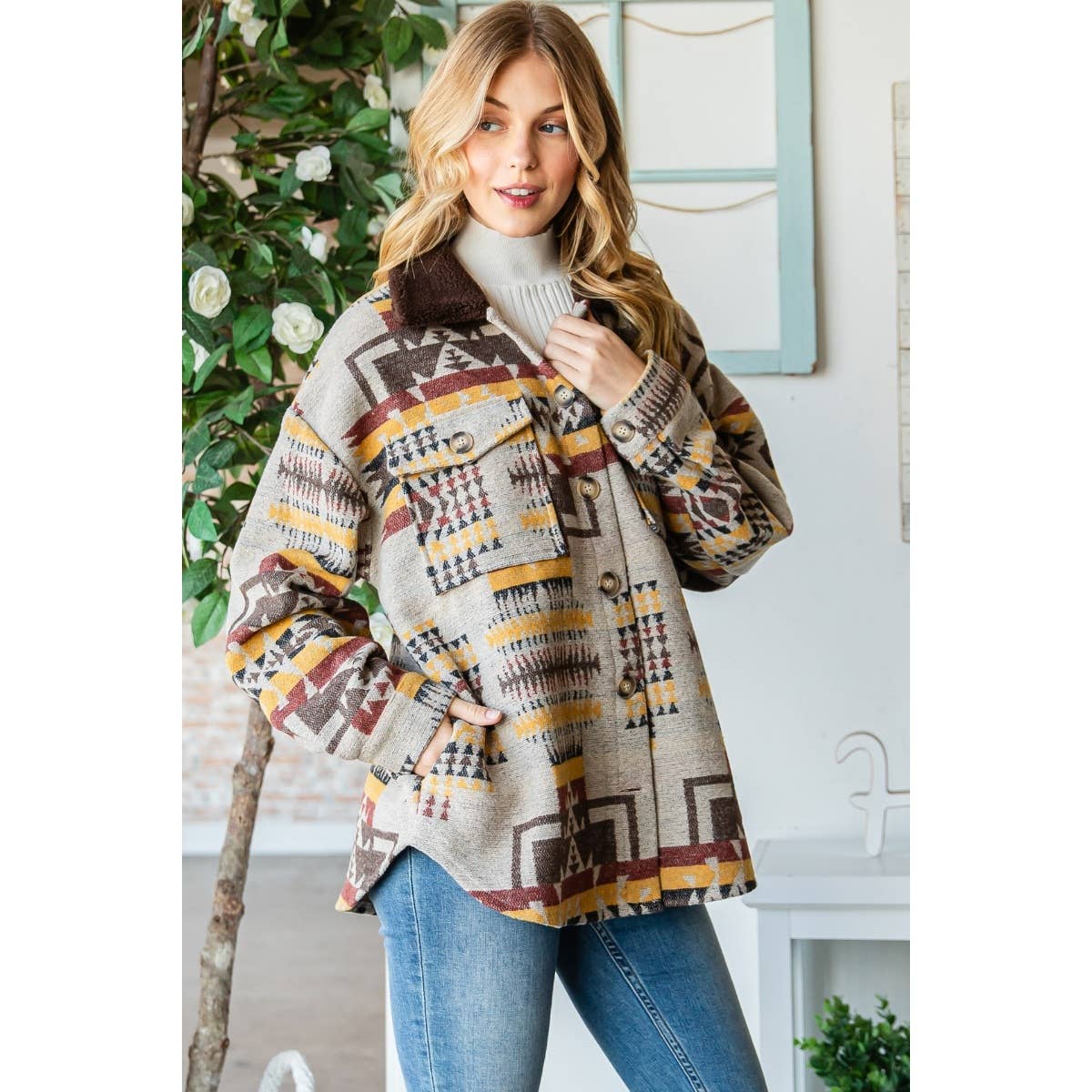 Vintage Pattern Thick Knit Fringe Shacket