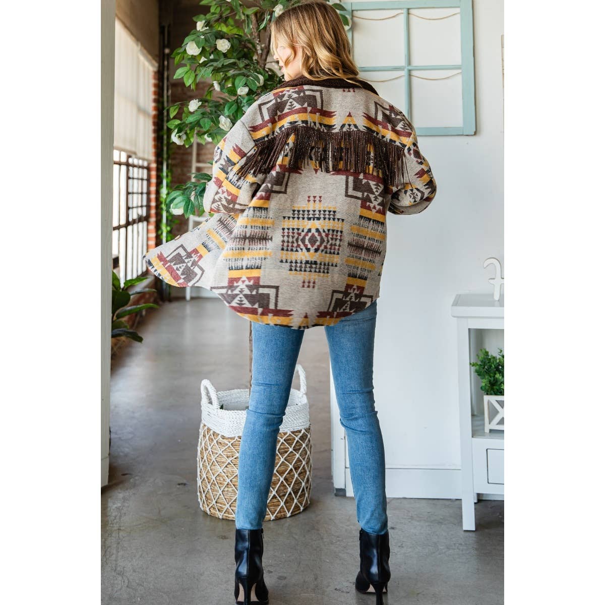 Vintage Pattern Thick Knit Fringe Shacket