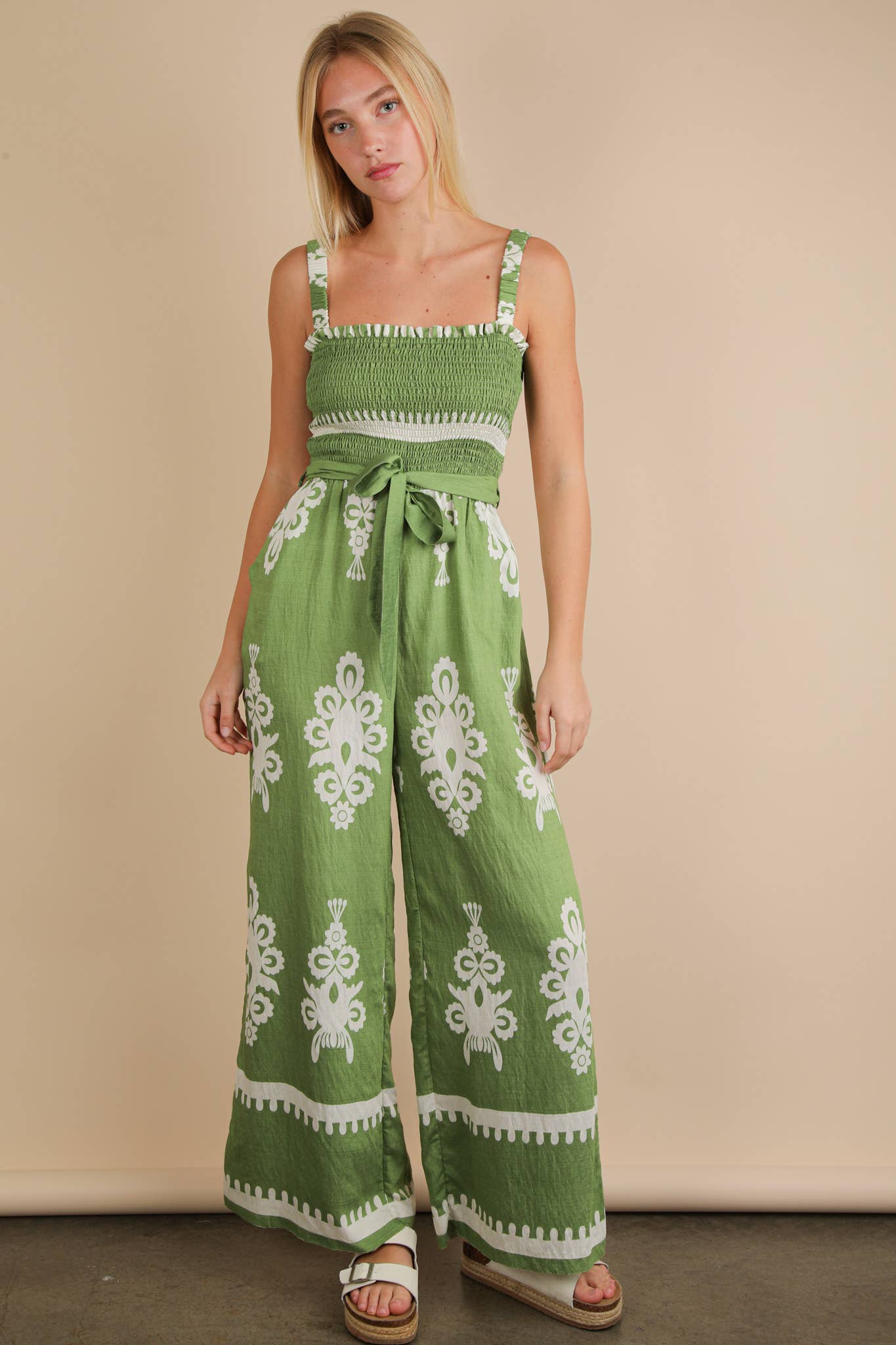 NP70762-Boho Printed Smocking Detail Jumpsuit
