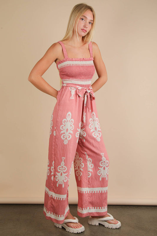 NP70762-Boho Printed Smocking Detail Jumpsuit