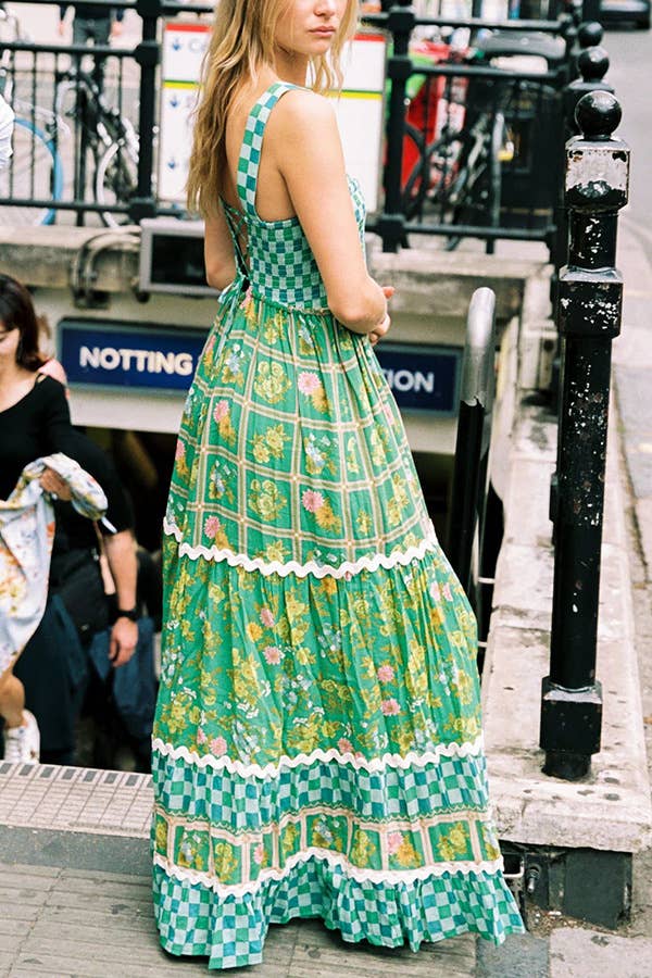 Green checkered Unique Floral Boho ric rac tiered dress
