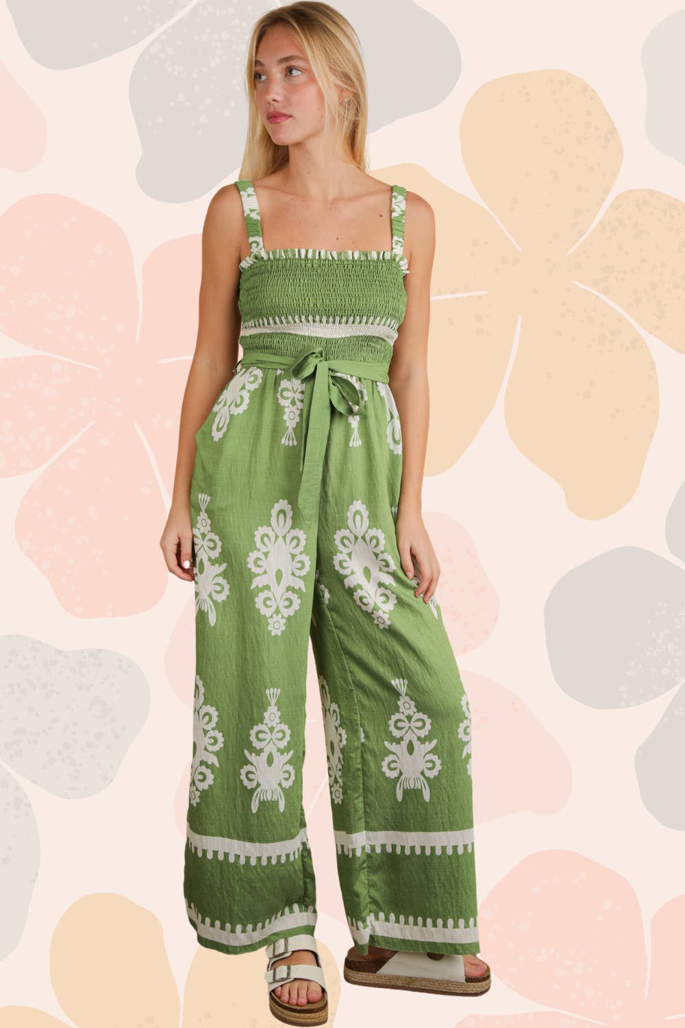NP70762-Boho Printed Smocking Detail Jumpsuit