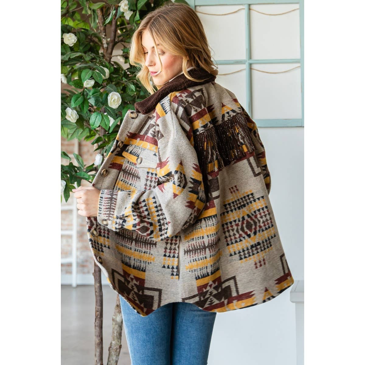 Vintage Pattern Thick Knit Fringe Shacket