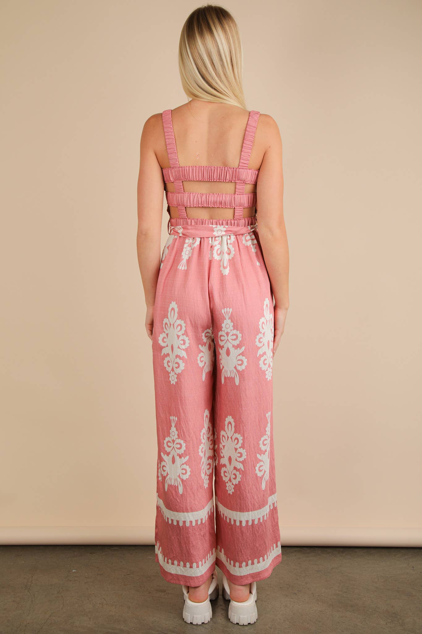 NP70762-Boho Printed Smocking Detail Jumpsuit