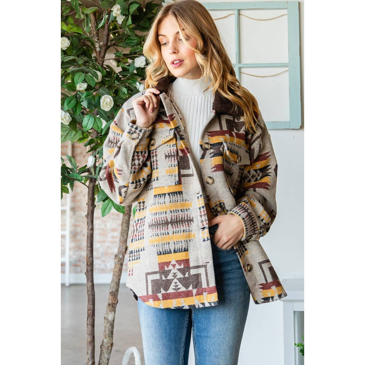 Vintage Pattern Thick Knit Fringe Shacket
