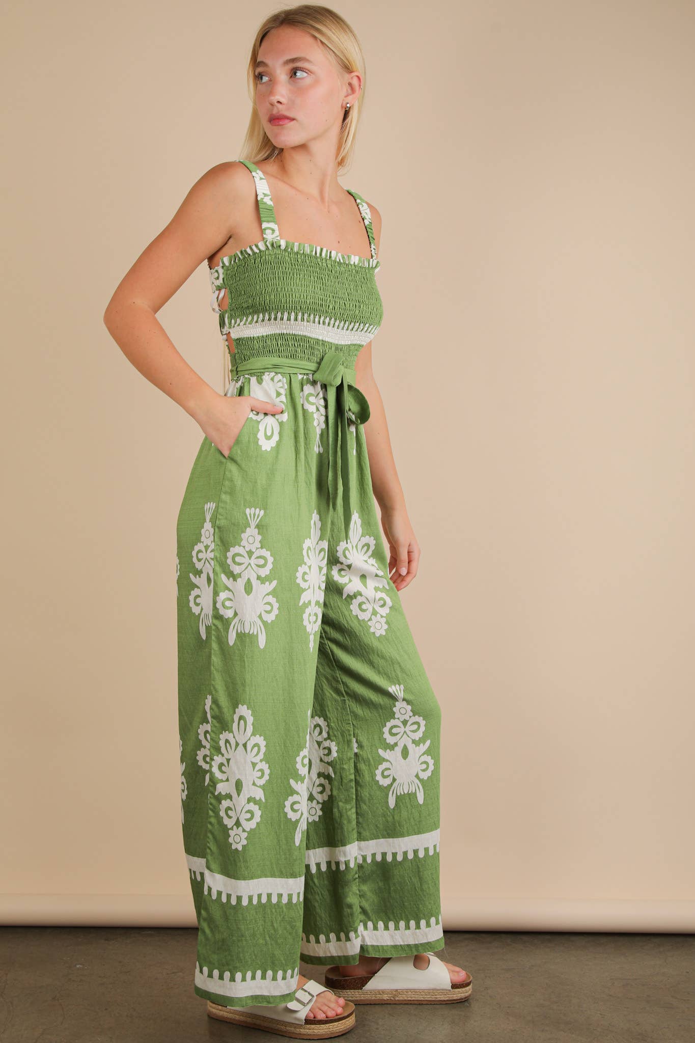 NP70762-Boho Printed Smocking Detail Jumpsuit