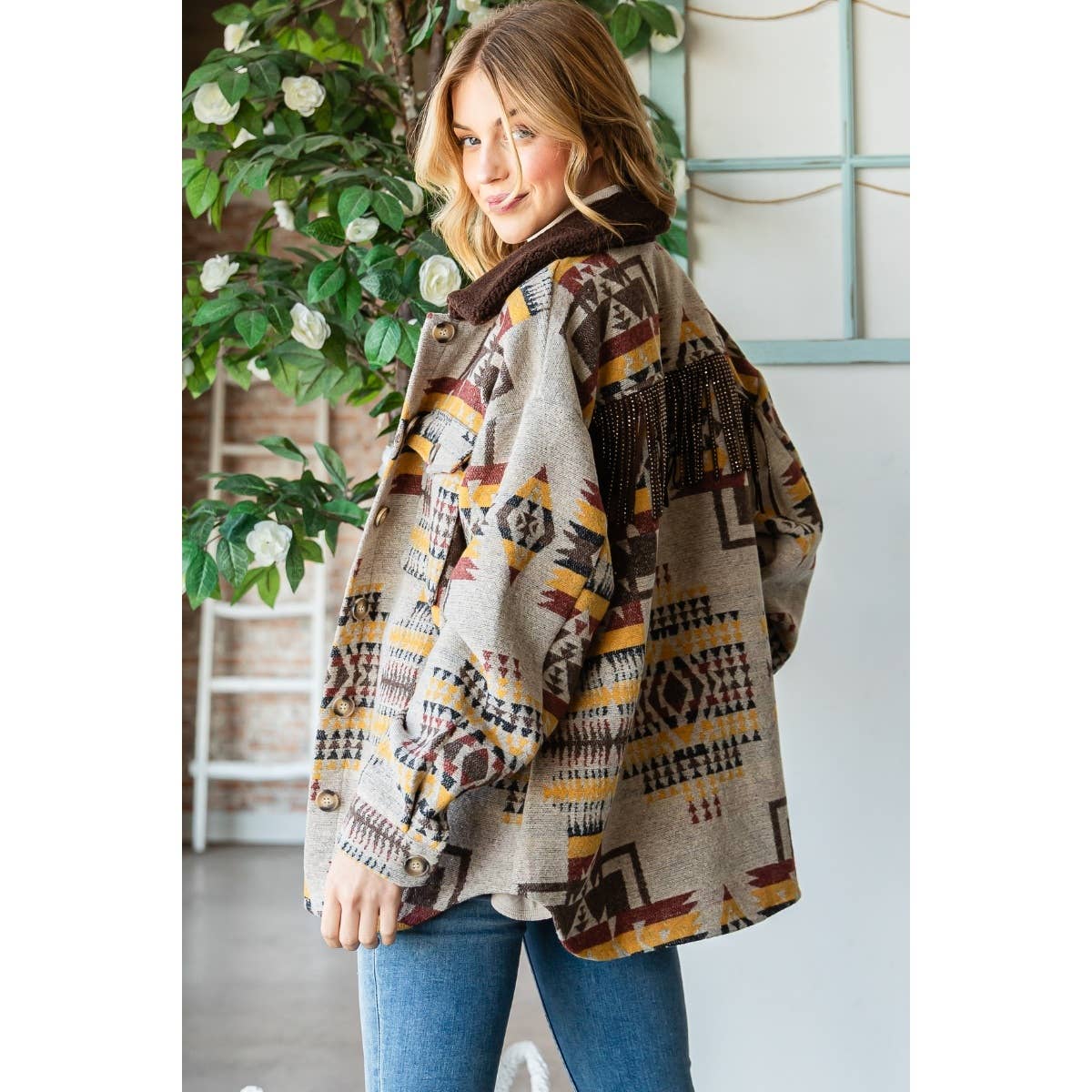 Vintage Pattern Thick Knit Fringe Shacket