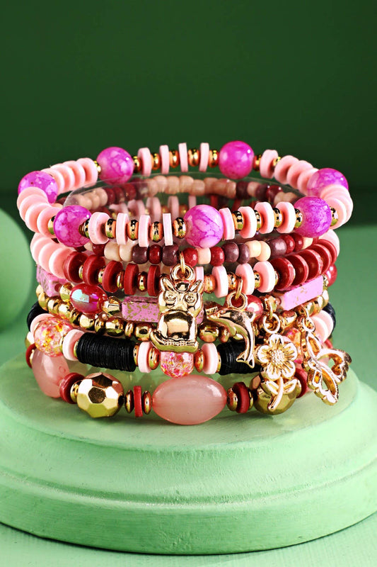 7 Layered Bead Stretch Bracelet With Metal Accents