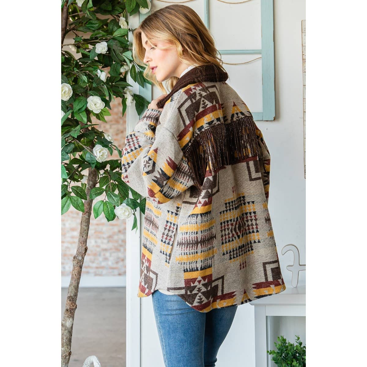 Vintage Pattern Thick Knit Fringe Shacket