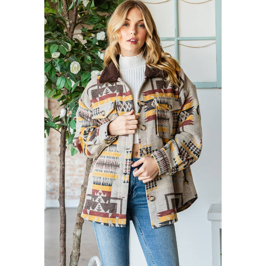 Vintage Pattern Thick Knit Fringe Shacket