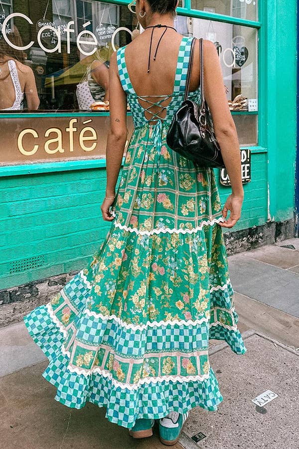 Green checkered Unique Floral Boho ric rac tiered dress