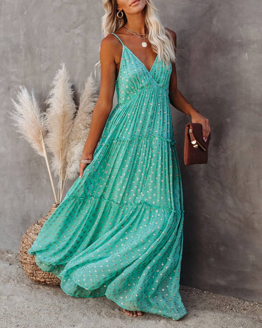 Leopard Print Fresh V-Neck Shredded Pleated Dress
