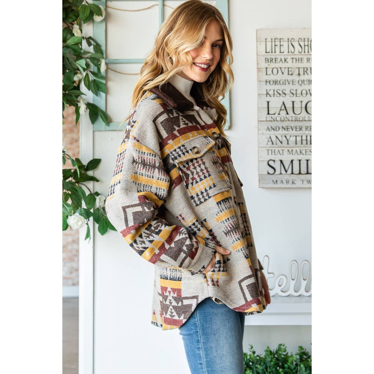 Vintage Pattern Thick Knit Fringe Shacket
