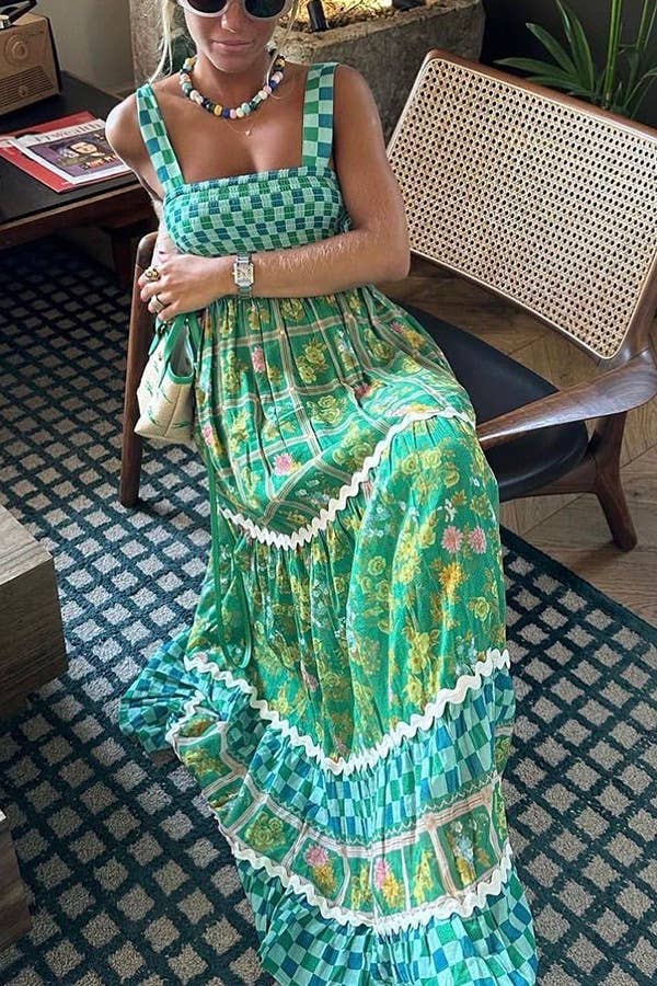 Green checkered Unique Floral Boho ric rac tiered dress