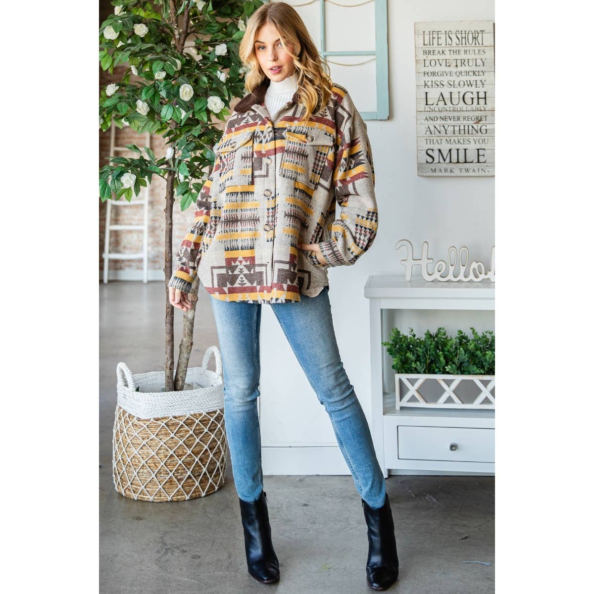 Vintage Pattern Thick Knit Fringe Shacket