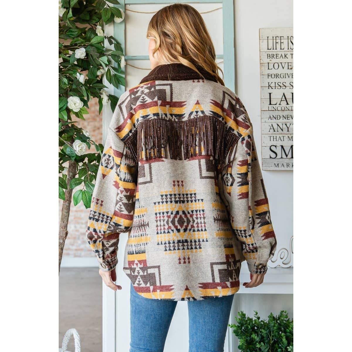 Vintage Pattern Thick Knit Fringe Shacket
