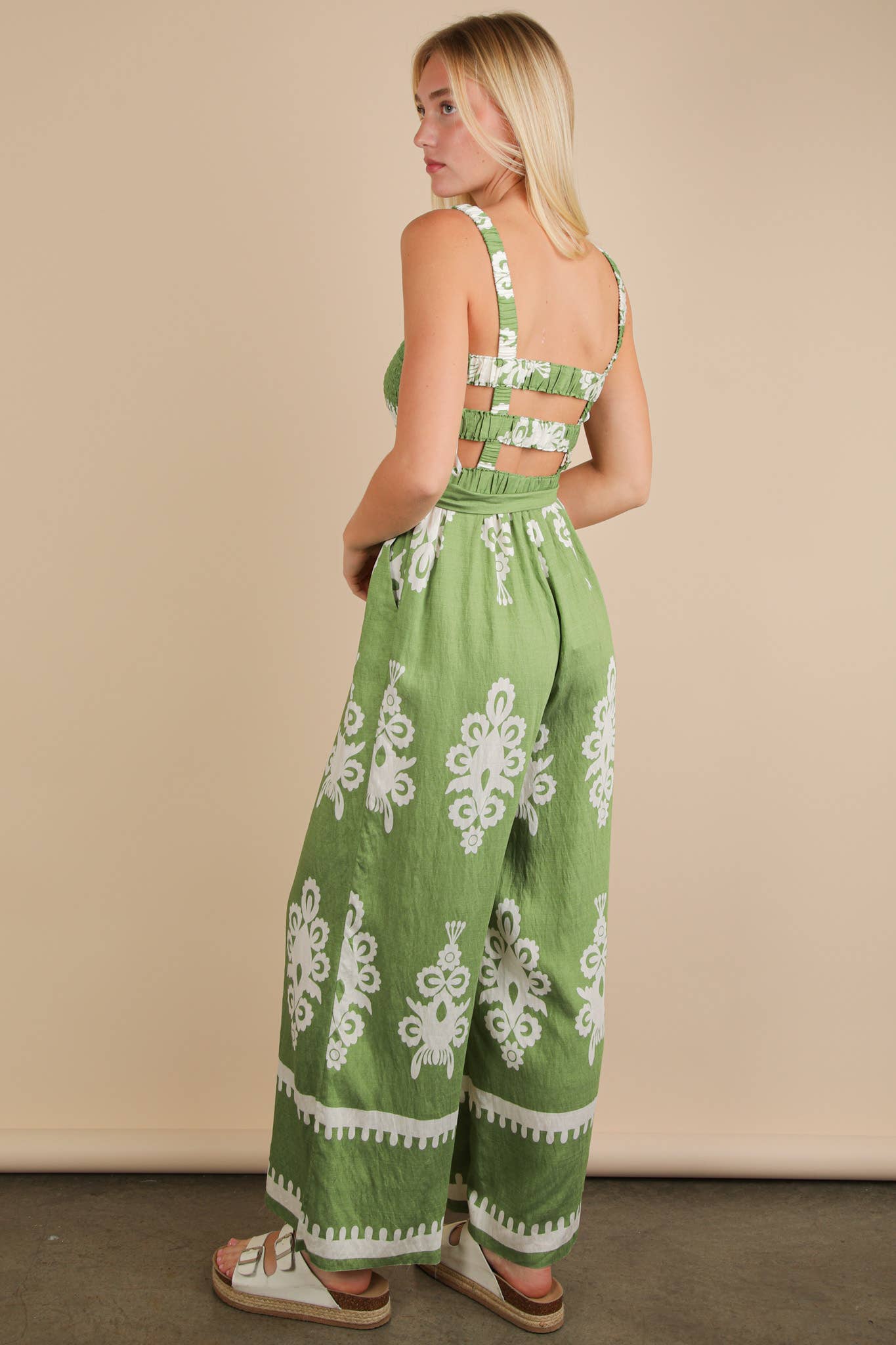 NP70762-Boho Printed Smocking Detail Jumpsuit